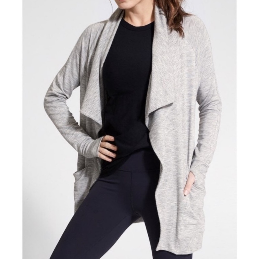 Athleta Gray Studio Wrap Open Front Athletic Waterfall Cardigan